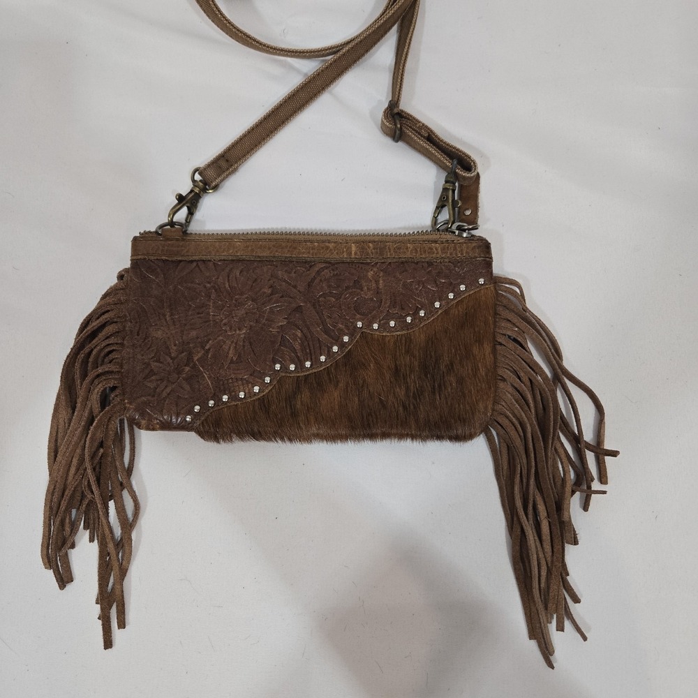 Montana West Genuine Leather Cowhide Fringe Crossbody Clutch Brown Western